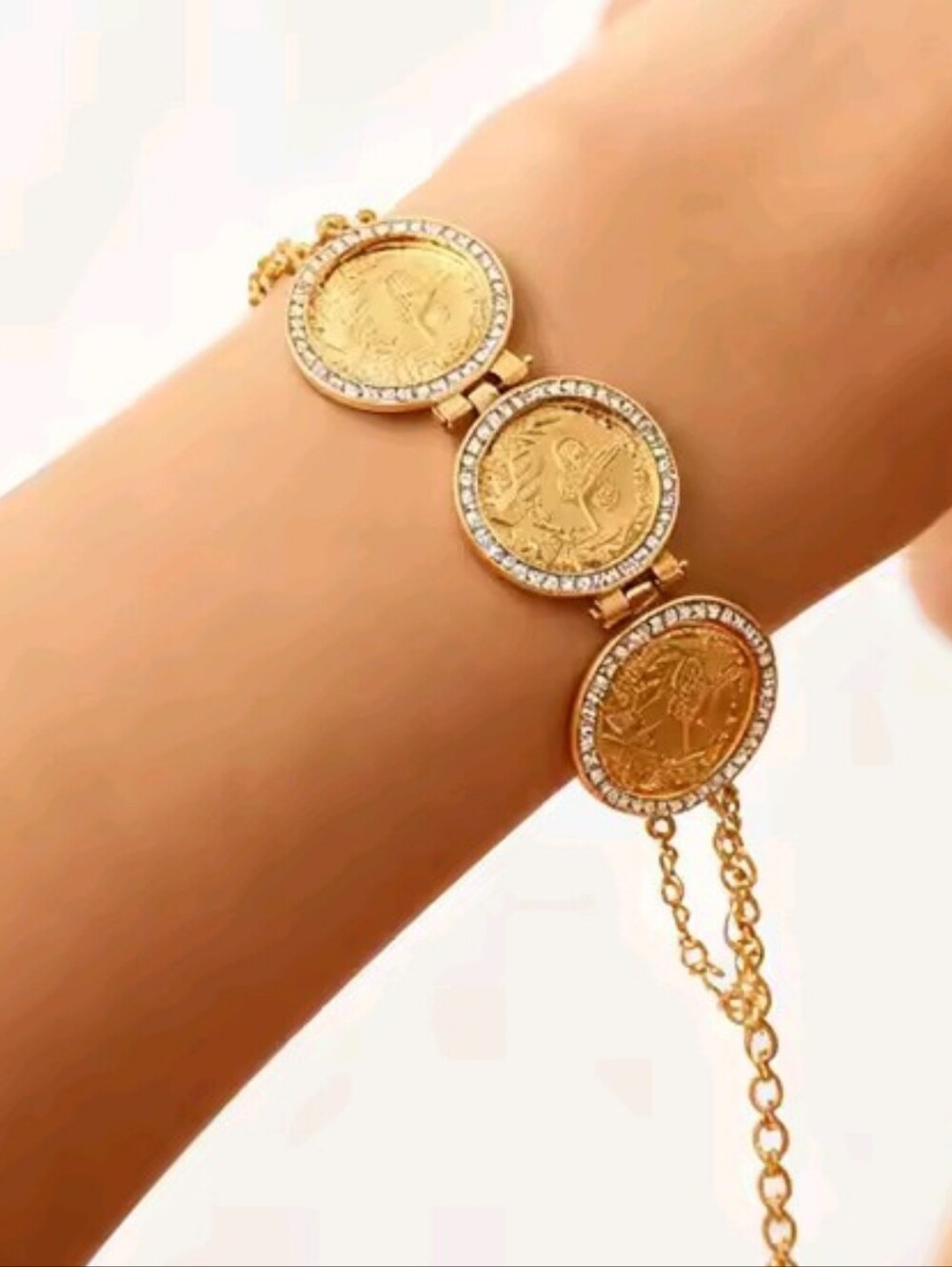 New!Gold-plated,Turkish,Coin Link, Bracelet Trimmed In White Czs. - Women